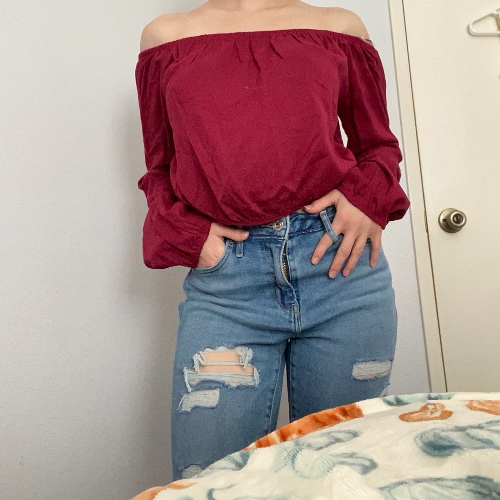 off the shoulder red-wine color blouse